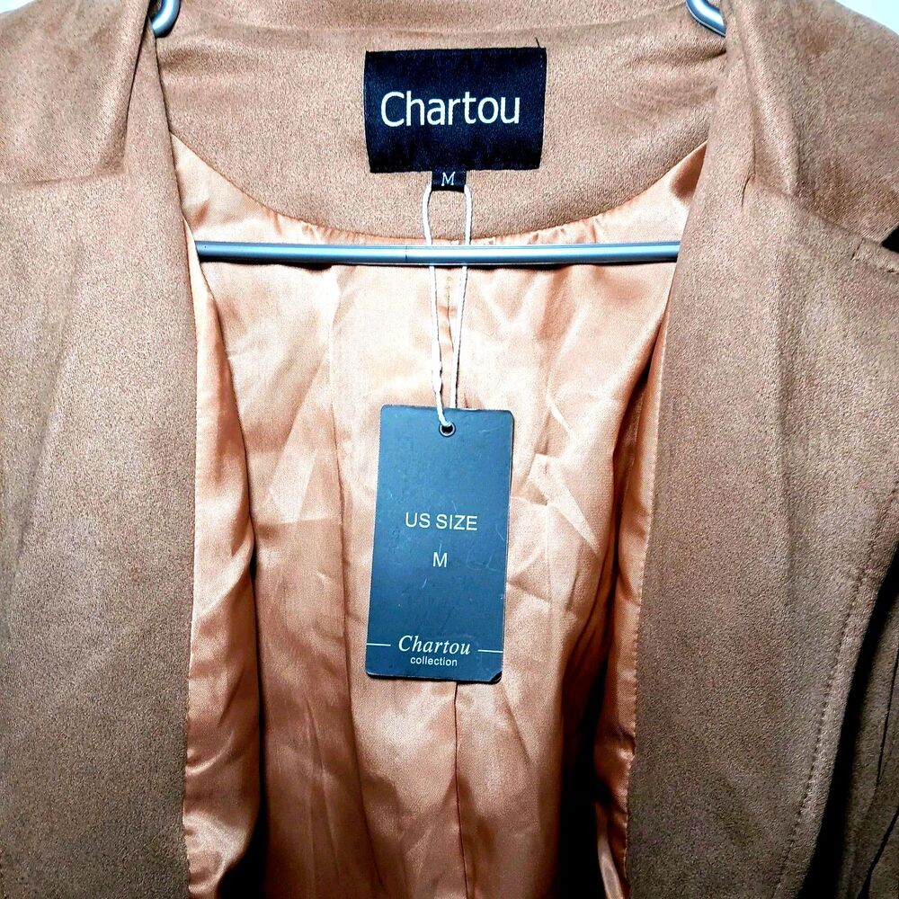 NWT Chartou Faux Suede Camel Color Jacket Sz M Cropped Fringe Open Front - Picture 2 of 10